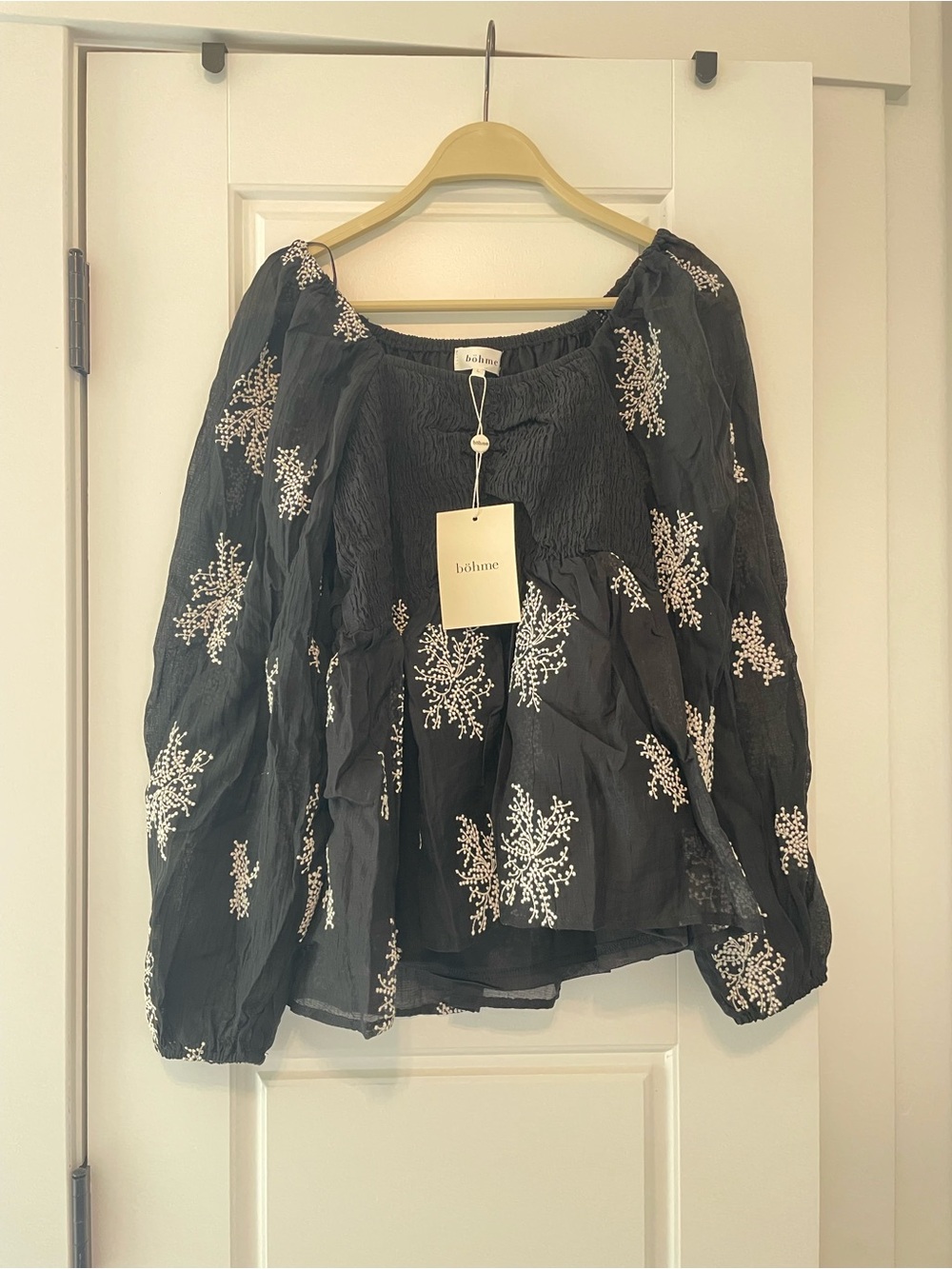 bohme Black Blouse with Ivory Floral Embroidery